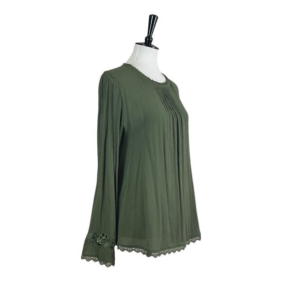 Time and Tru Blouse Boho Gauze Lace Pullover Olive Green Women’s Size Medium - Picture 2 of 13